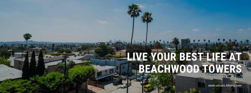 Aerial view of a city with palm trees and text: 