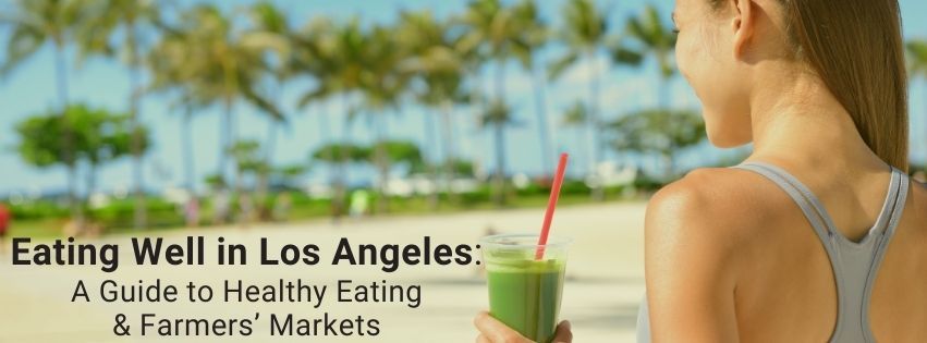 Woman holding green smoothie on beach; text:
