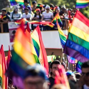 People waving rainbow flags at a Pride parade.