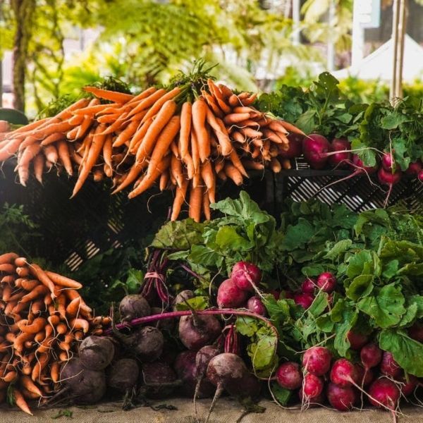 Carrots, beets, and radishes on display at a farmer's market, with green leafy tops.