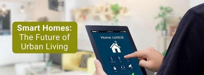 Person using a tablet to control smart home features. Text: