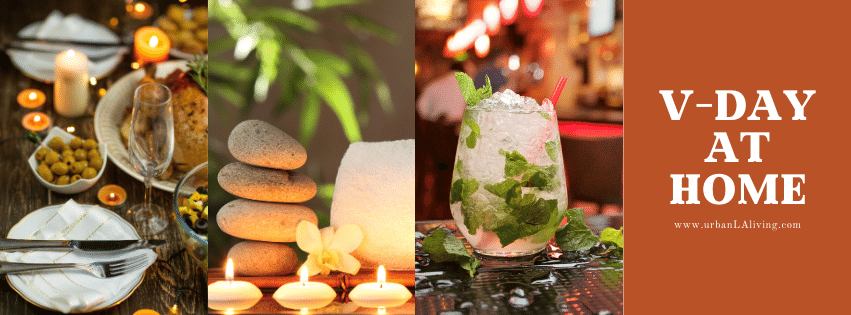 Valentine's Day at home: candlelit dinner, spa stones, and cocktail, all in one image.