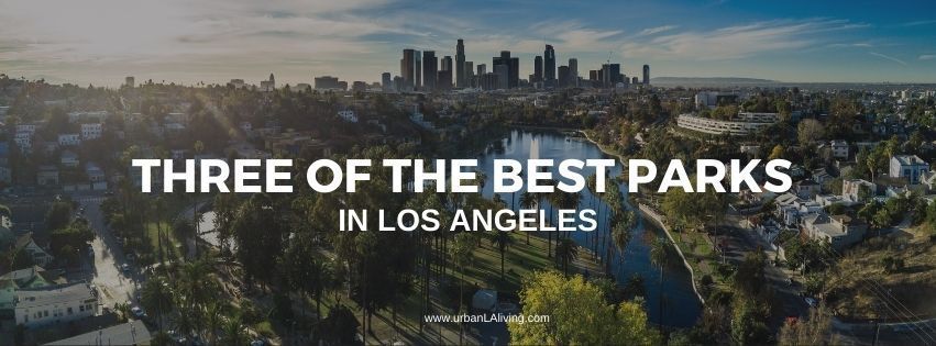 Aerial view of Los Angeles skyline and park with text 