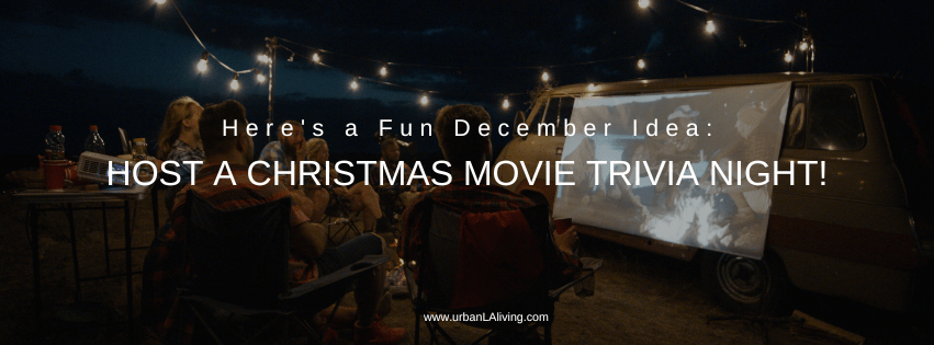 People watching a Christmas movie outdoors at night with trivia text.
