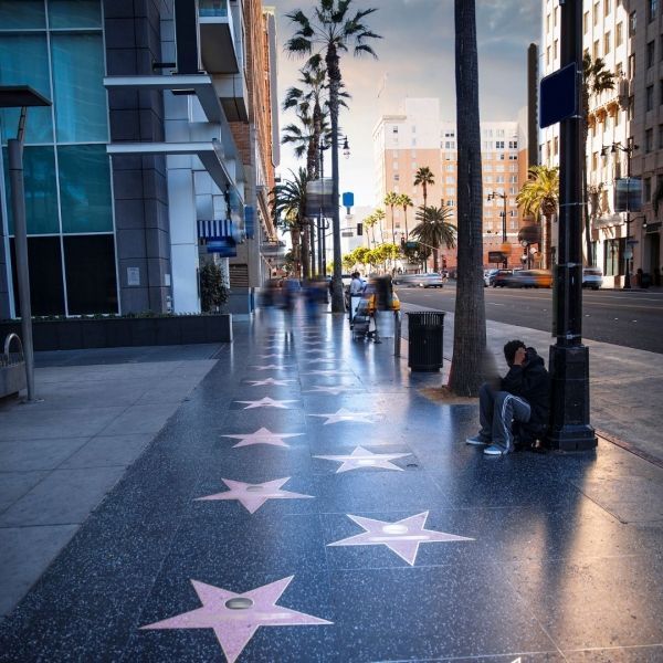 Hollywood Walk of Fame with stars embedded in the sidewalk, palm trees, and a person sitting near a lamp post.