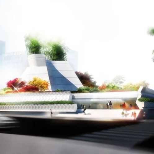 Modern building with angled walls, greenery, and people walking. Bright daylight with an abstract style.