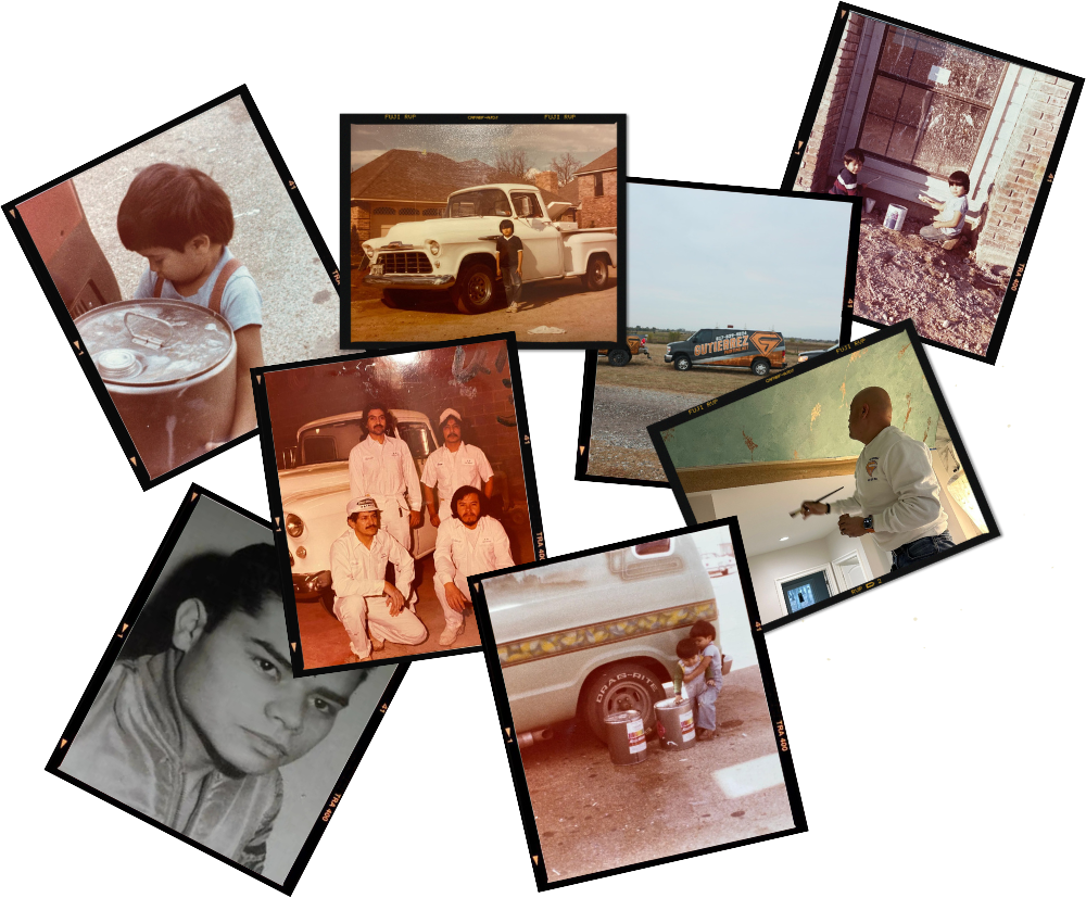 A collage of old photographs including one of a man washing a car