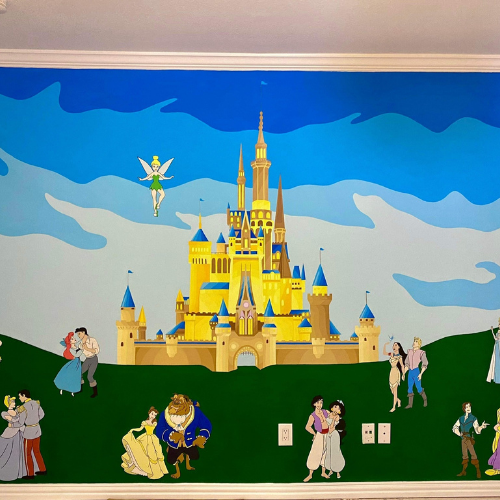A painting of a castle with people in front of it