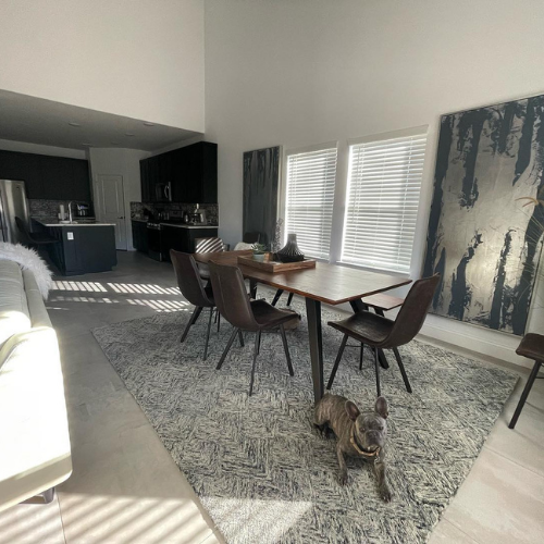 A dog is standing in a living room next to a table and chairs.