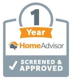 HomeAdvisor screened and approved badge. Features a gray shield with