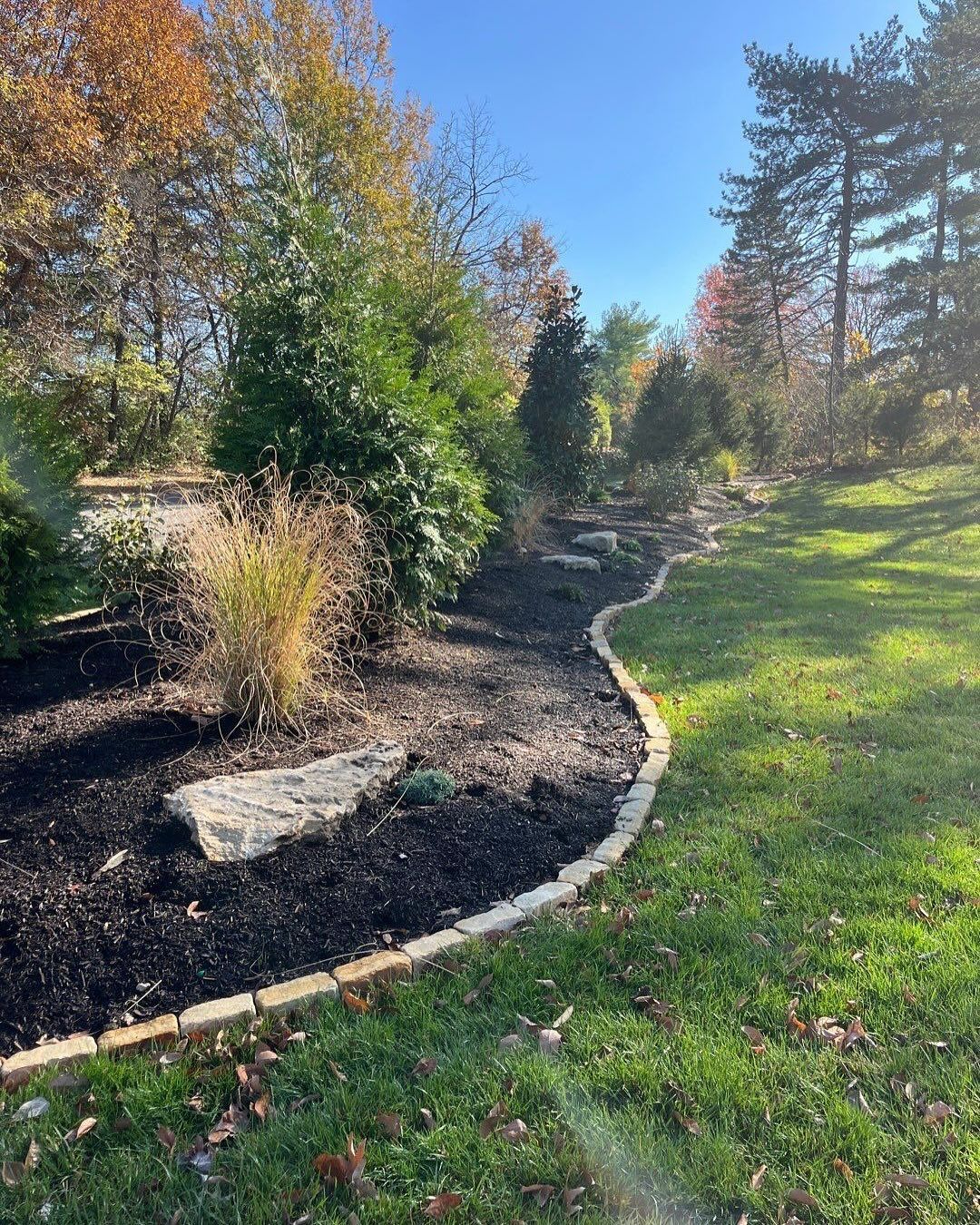 Landscaped garden bed with dark mulch and bordering stones, surrounded by grass and trees under a blue sky.
