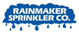 The logo for rainmaker sprinkler co. is a blue cloud with rain drops coming out of it.
