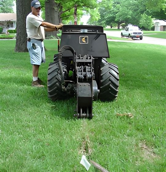 a man is standing next to a trencher installing a sprinkler system in the grass .