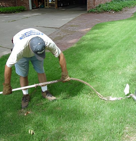 a man is kneeling down in the grass holding a irrigation line .