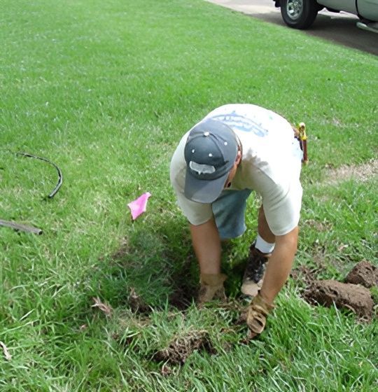 a man is replacing sod in the lawn .