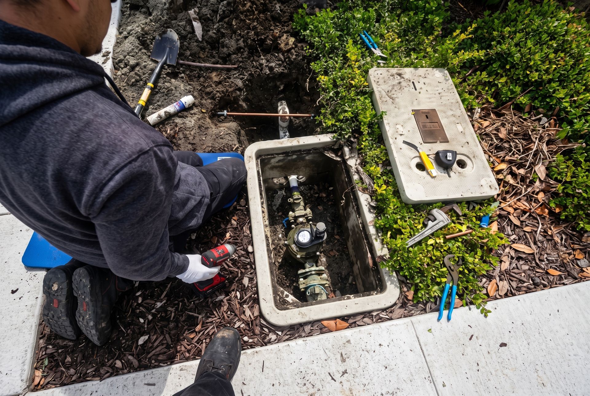 Worker inspecting open utility box beside sidewalk with tools and cables nearby