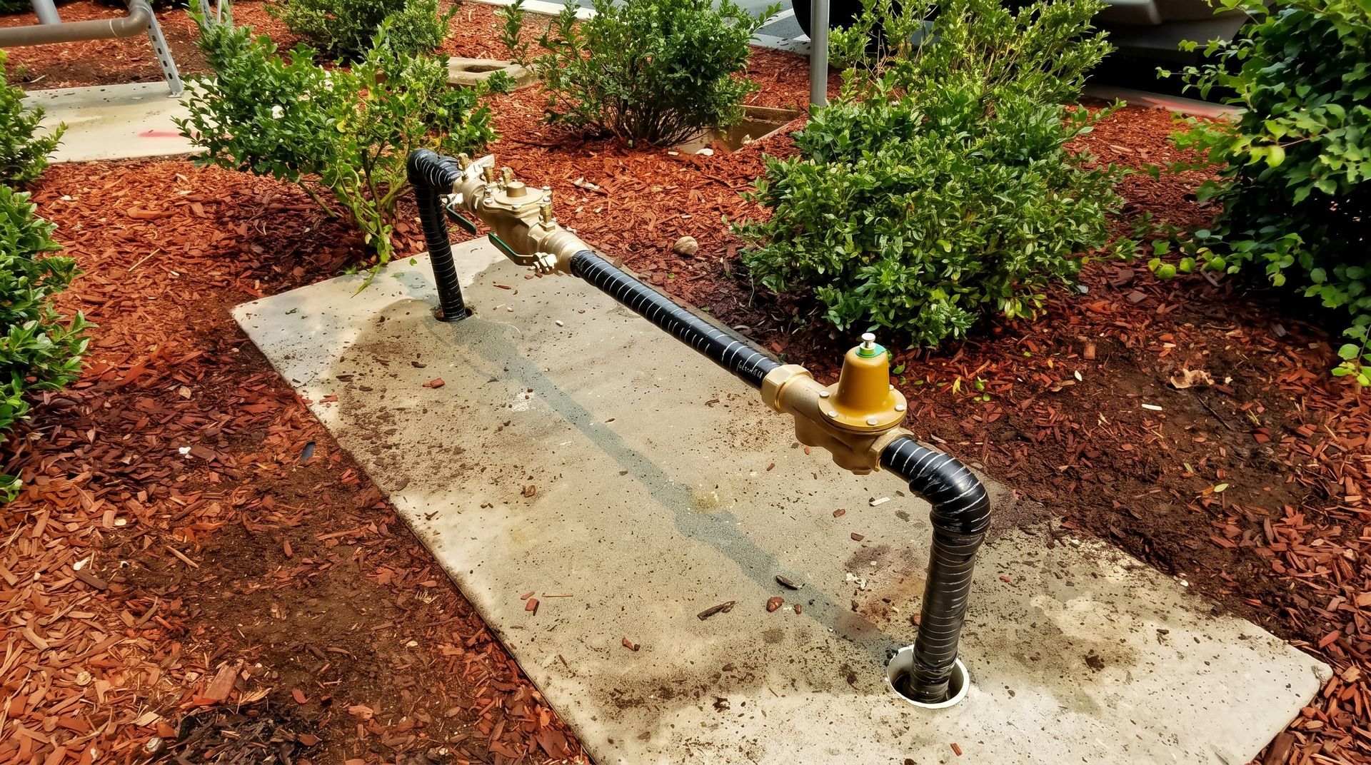 Concrete utility slab with black pipes and a yellow valve among red mulch and shrubs