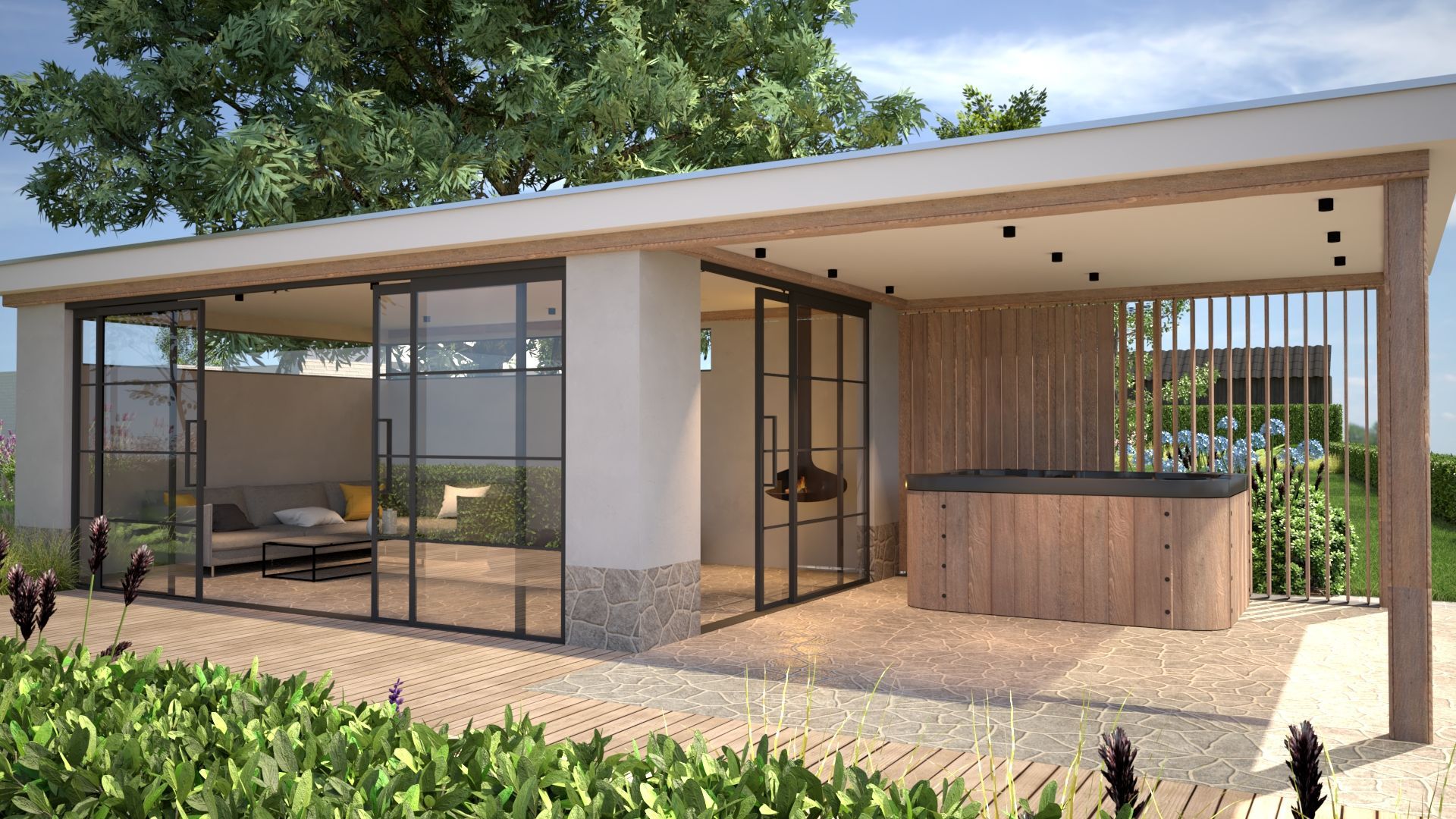 Een impressie van een huis met glazen schuifdeuren.