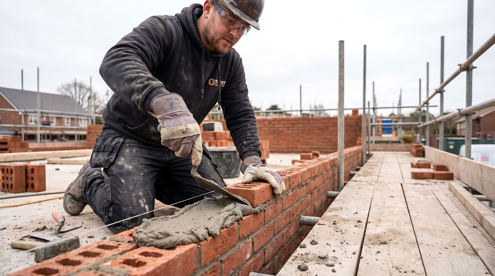 Residential masonry contractor, kneeling on a job site, spreading fresh mortar with a steel trowel.