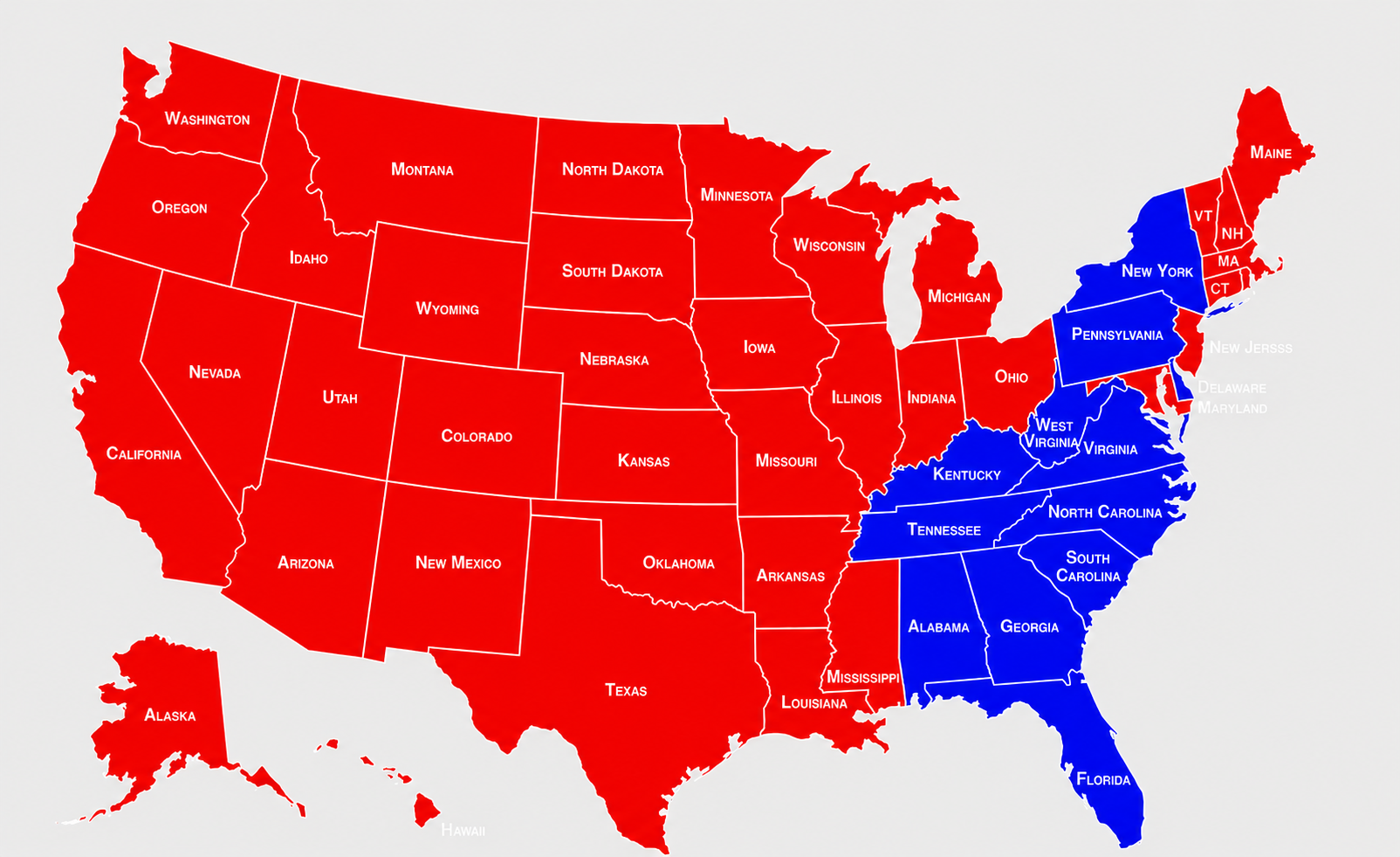 A red and blue map of the united states