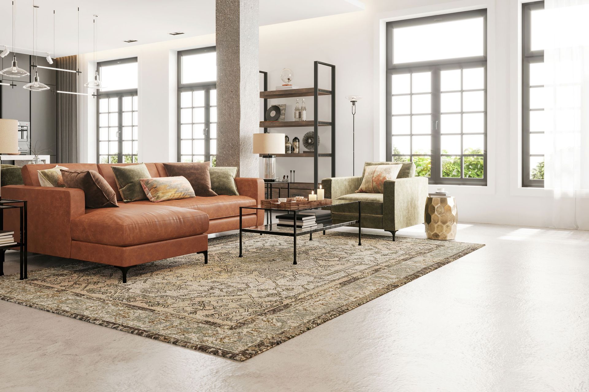Spacious living room with a brown sectional sofa, rug, and large windows, featuring neutral colors.