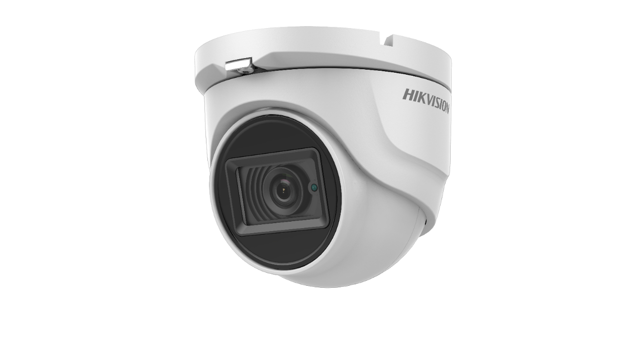 White Hikvision dome security camera, mounted on a wall.