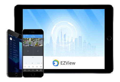 Two smartphones and a tablet displaying the EZView app interface.