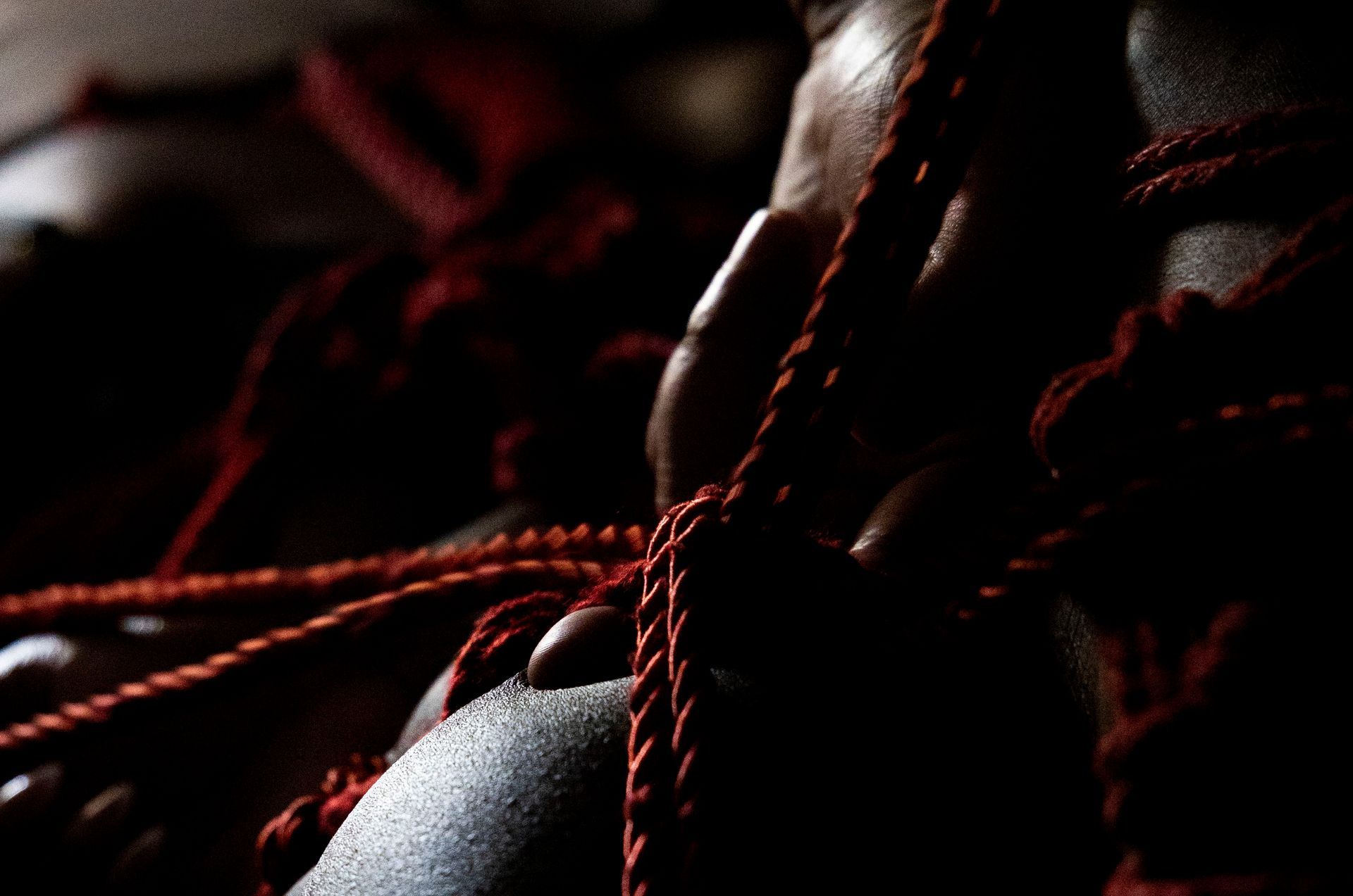 Person with skin, neck and shoulder wrapped in red ropes.