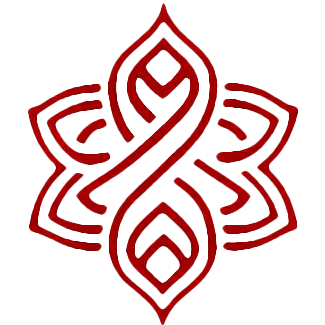 Red, stylized floral emblem with interwoven lines, resembling a knot, against a white background.