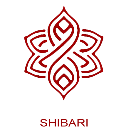 Red stylized floral symbol with the word 