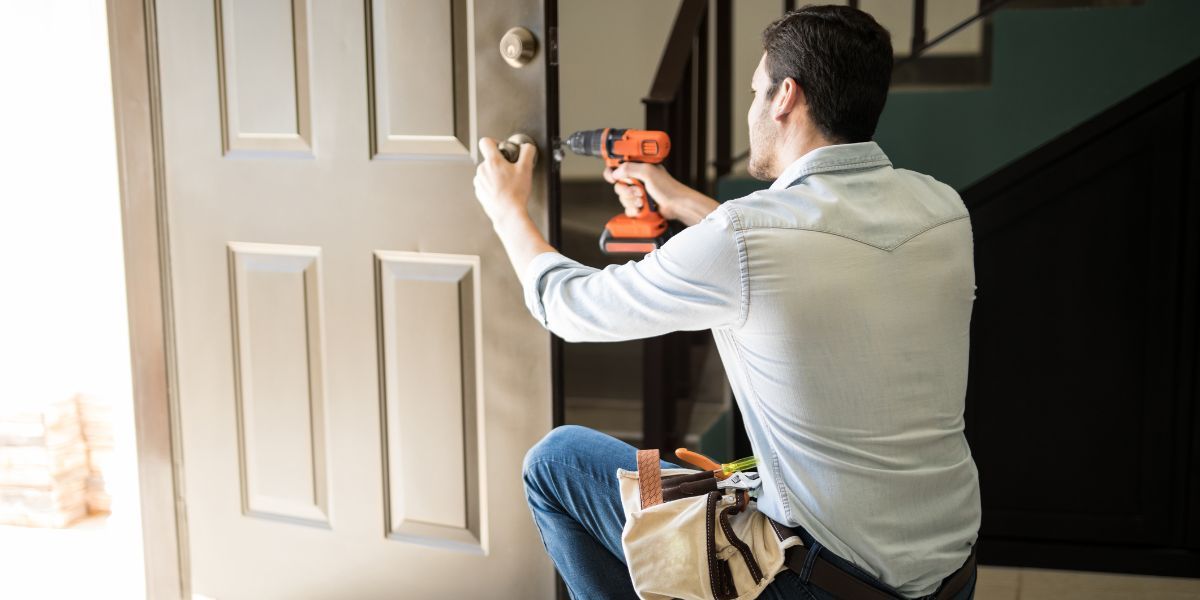 Replacing Keys — Concord, NC — A A L Lock & Key A person drills into a door, likely installing a lock. They are in a home, wearing a light blue shirt and jeans.