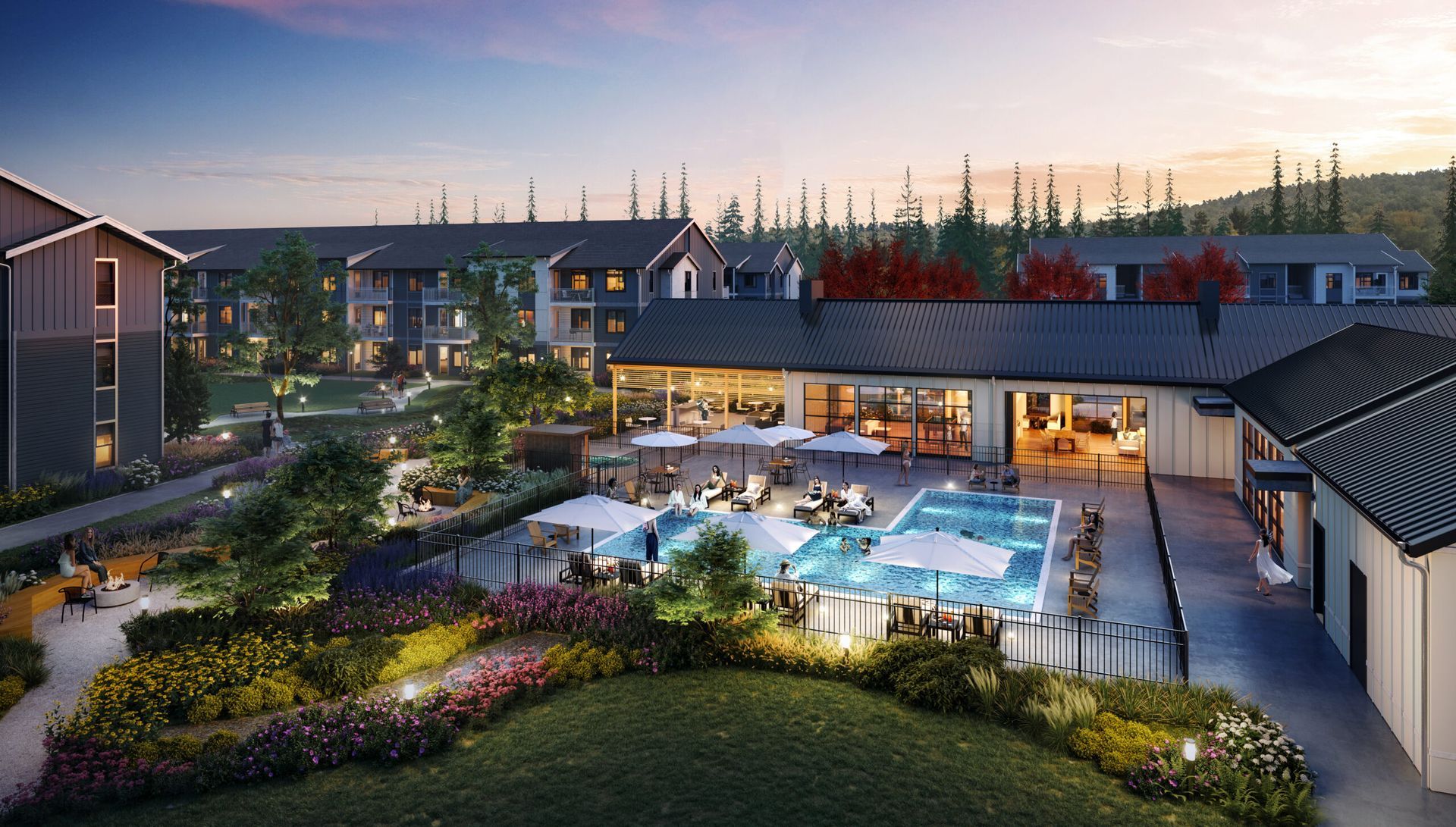 An artist 's impression of an apartment with a large swimming pool in the middle.