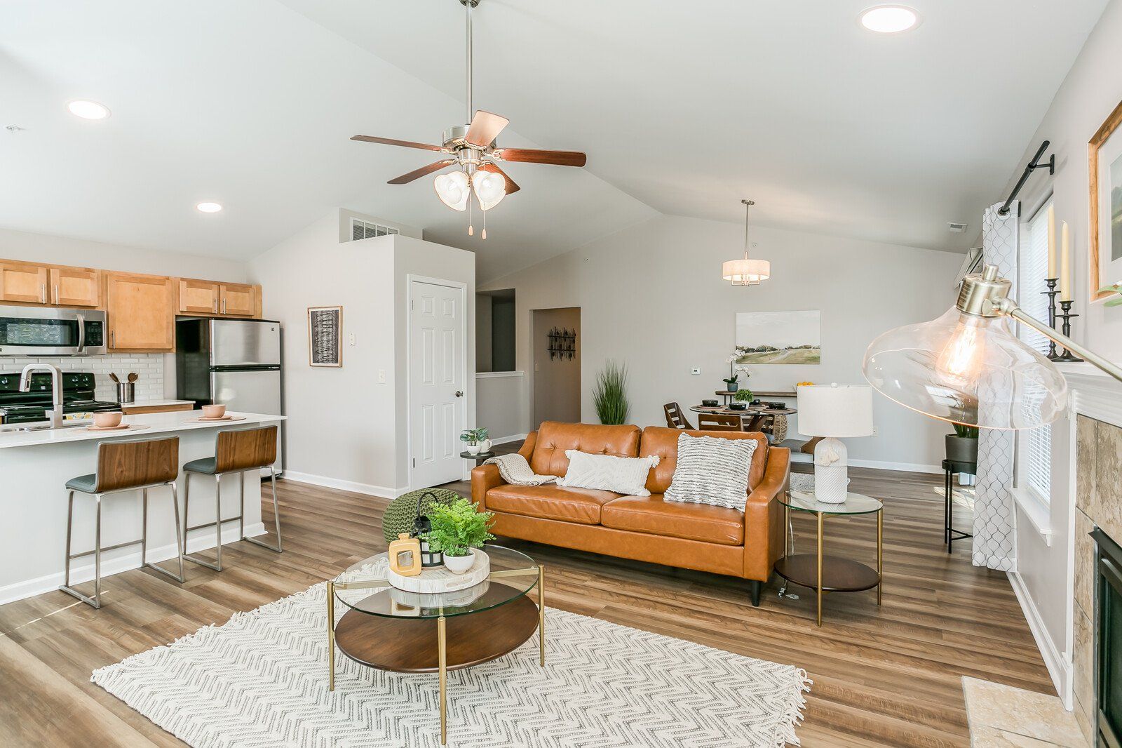 Large open concept living room with vaulted ceilings 