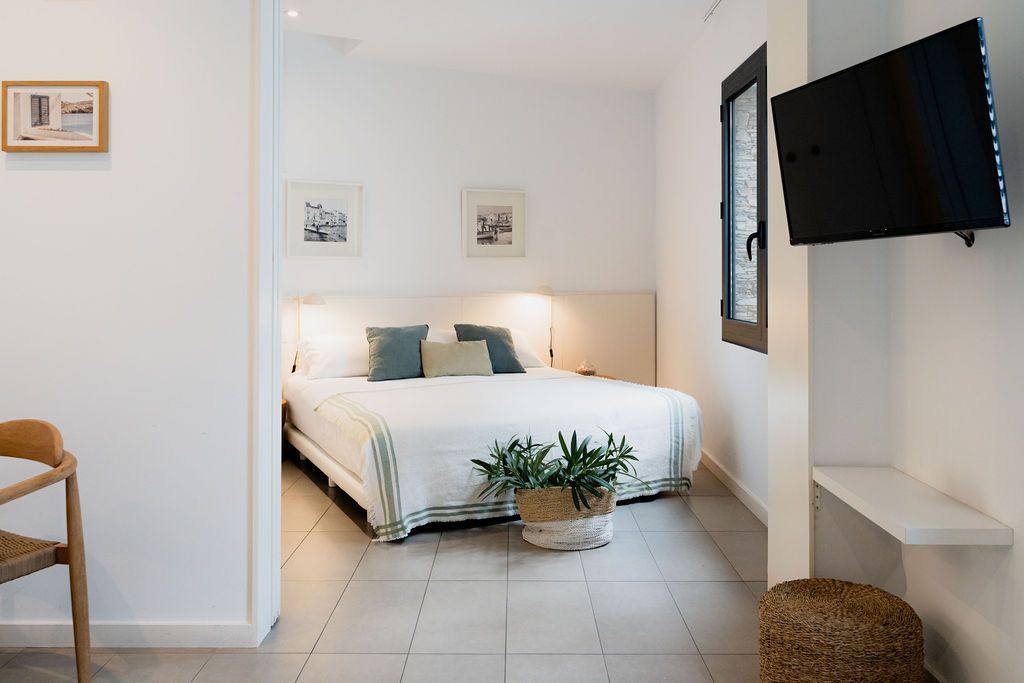 Bedroom with a bed, TV, and decorative plants. White walls, natural light.