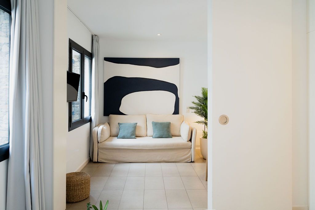 Living room with white walls, sofa with blue pillows, abstract artwork, and a potted plant.