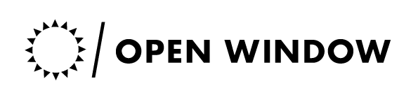 A black and white logo for open window with a sun in the middle.