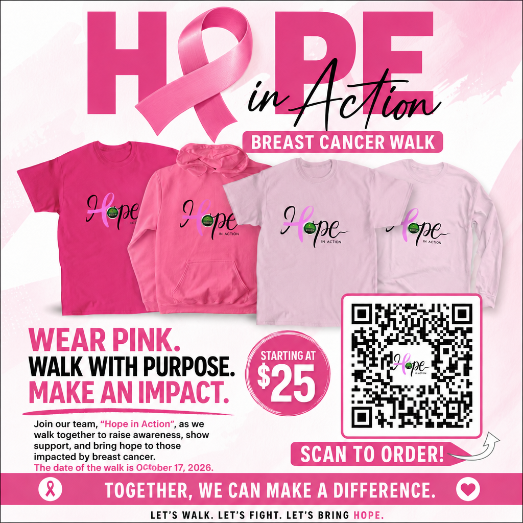 A poster for a Hope In Action  shirts adn sweaters to raise awareness for Breast  Cancer Walk.