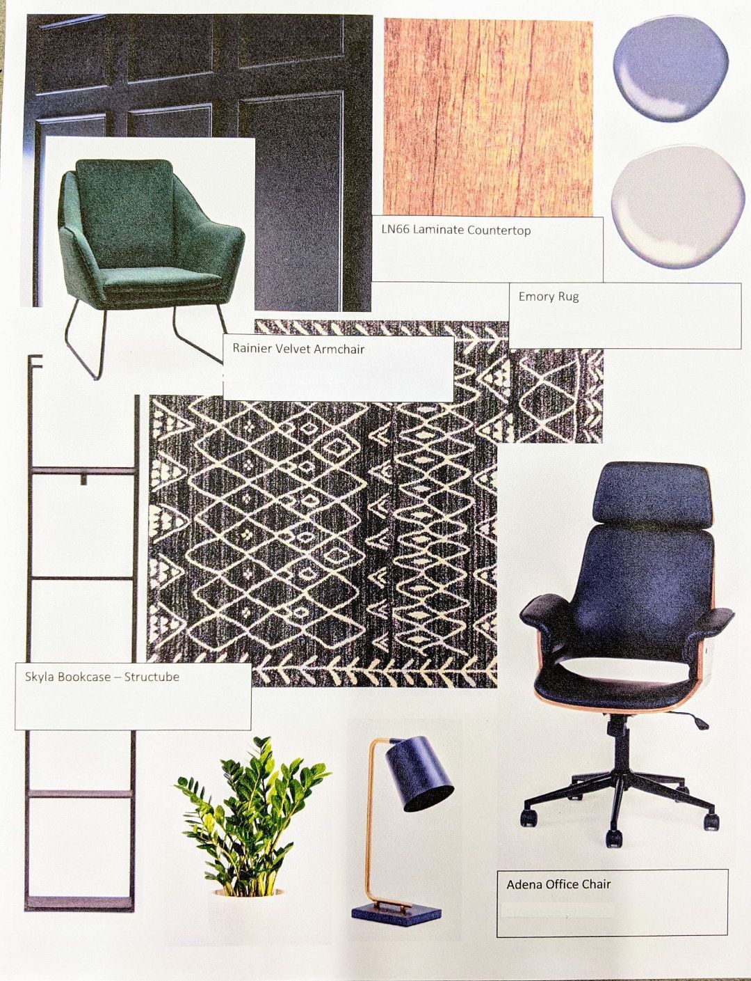 Interior design mood board with green chair, patterned rug, and blue office chair on a neutral palette