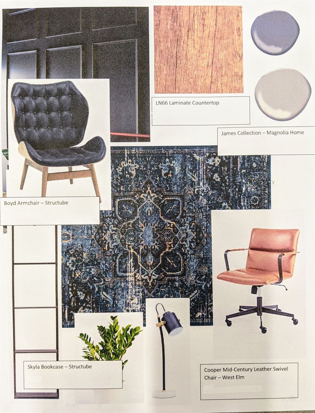Collage of furniture, fabric swatches, textures, and color samples for interior design inspiration