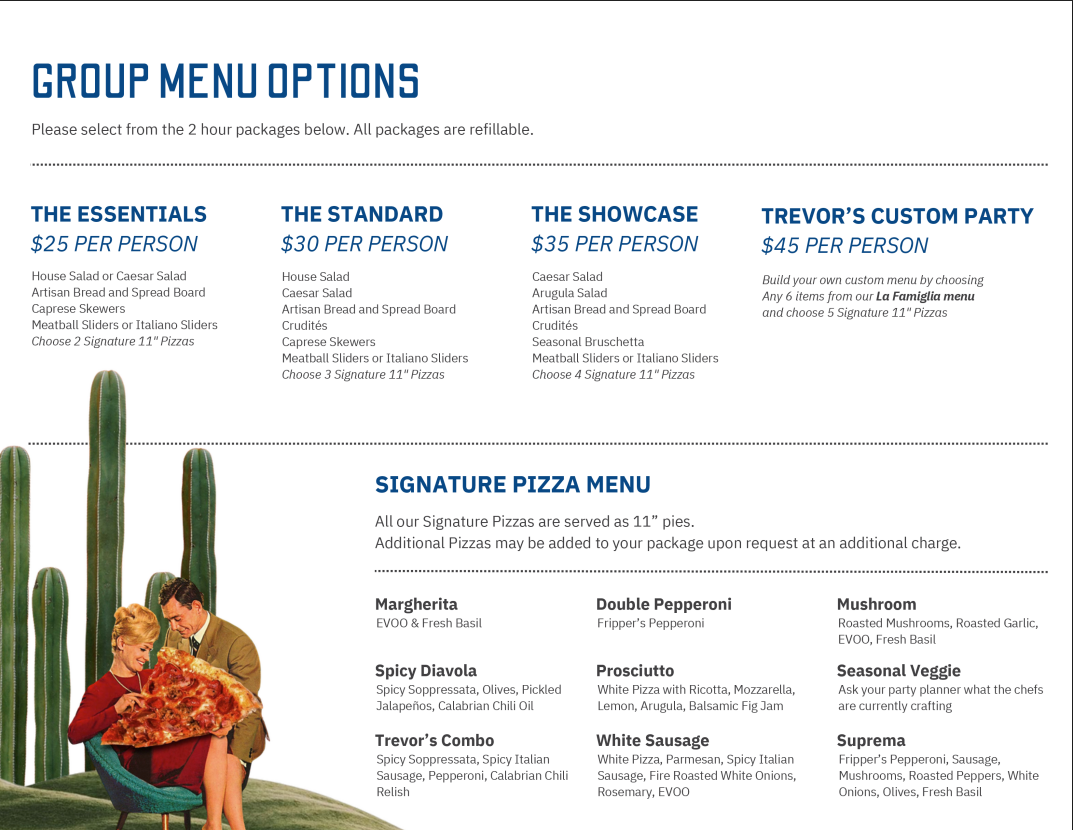 Trevor's group menu options and prices