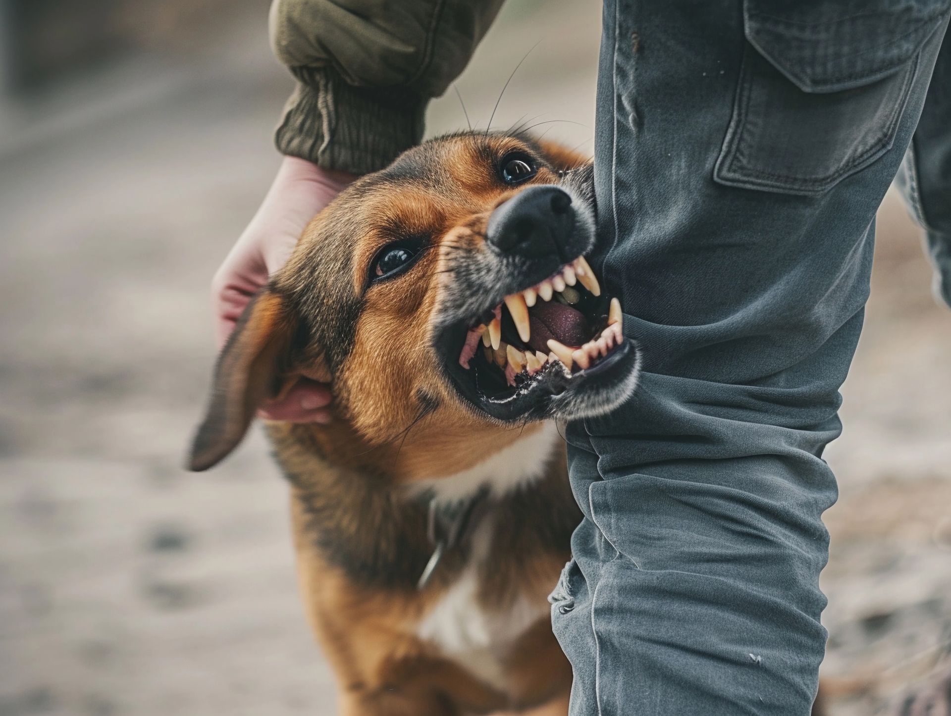 Dog biting a person's leg; dog is snarling with bared teeth; person's hand on dog's head.