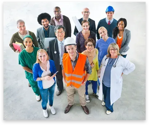 A group of people of different occupations are posing for a picture.