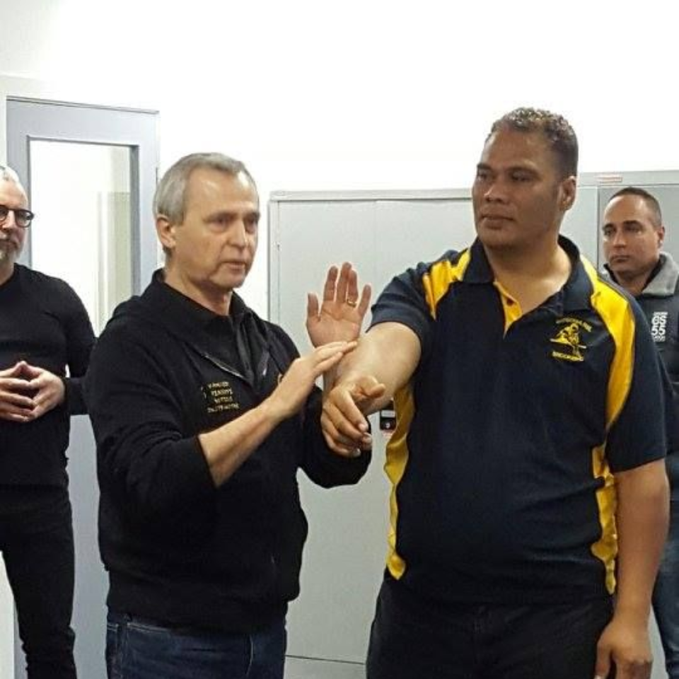 Man demonstrates a martial arts technique on another man's arm indoors. Other men watch.