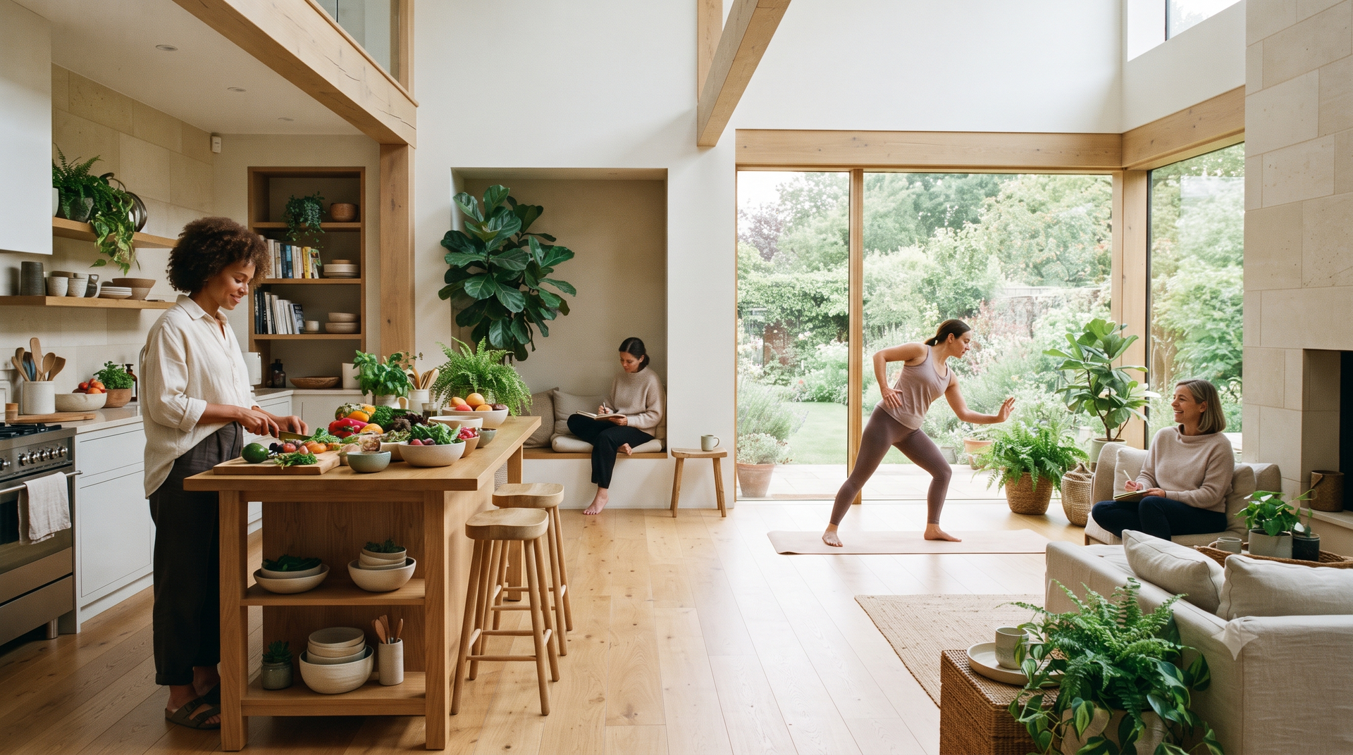 Bright open kitchen and living room with people cooking, dancing, and relaxing near large windows.