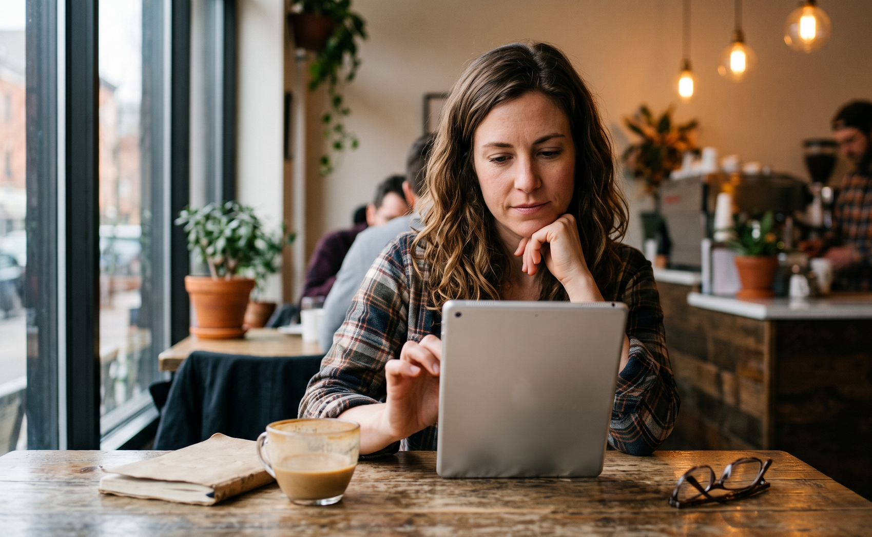 Woman working on a laptop at a café table with coffee and papers in a cozy indoor setting