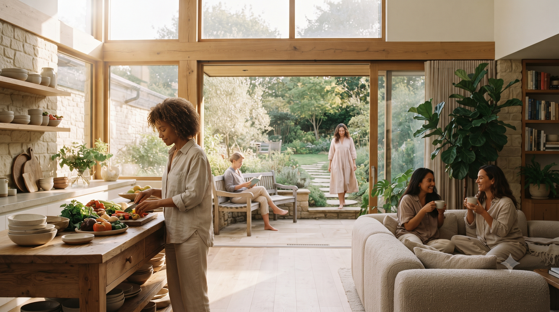 Bright, modern living room with people relaxing, cooking, and dining beside large garden windows