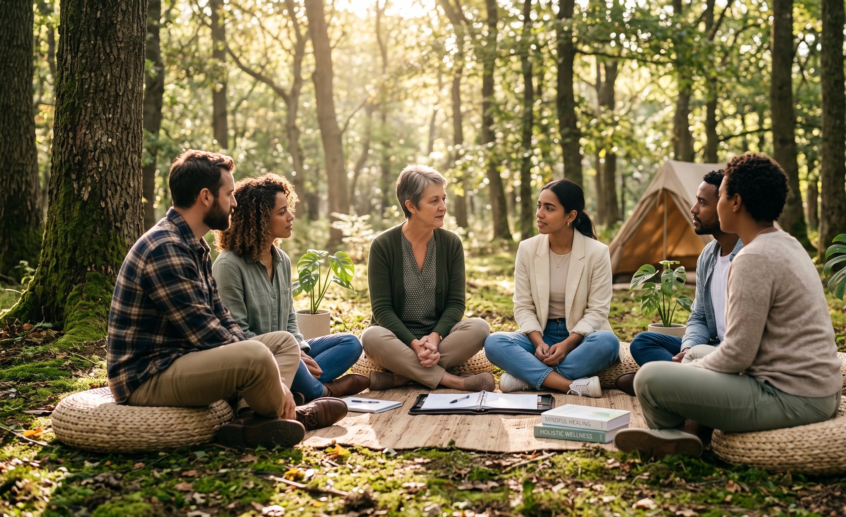Group sitting in a forest clearing for a campfire-style discussion, surrounded by trees and tents.
