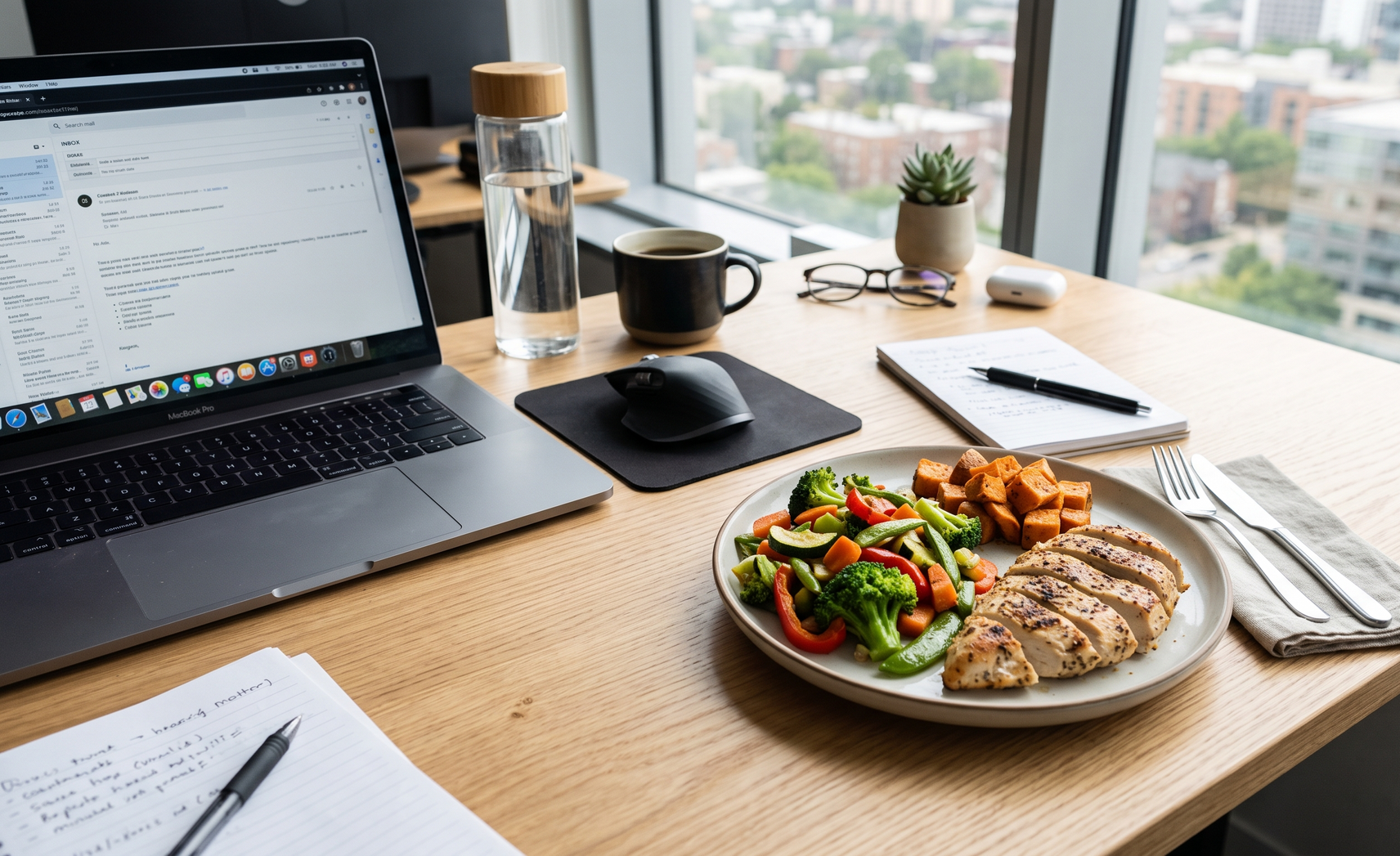 Laptop on a desk beside a salad and grilled chicken meal by a window overlooking the city