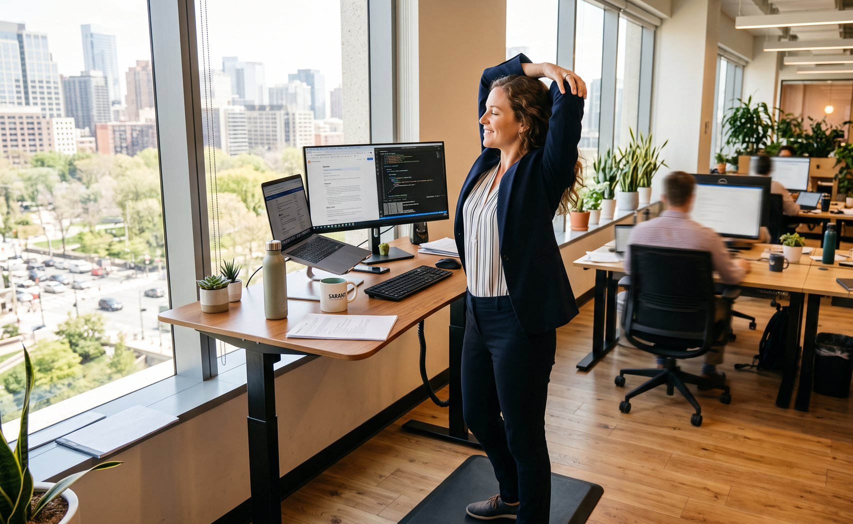 Woman stretching at a standing desk in a bright modern office with city views.