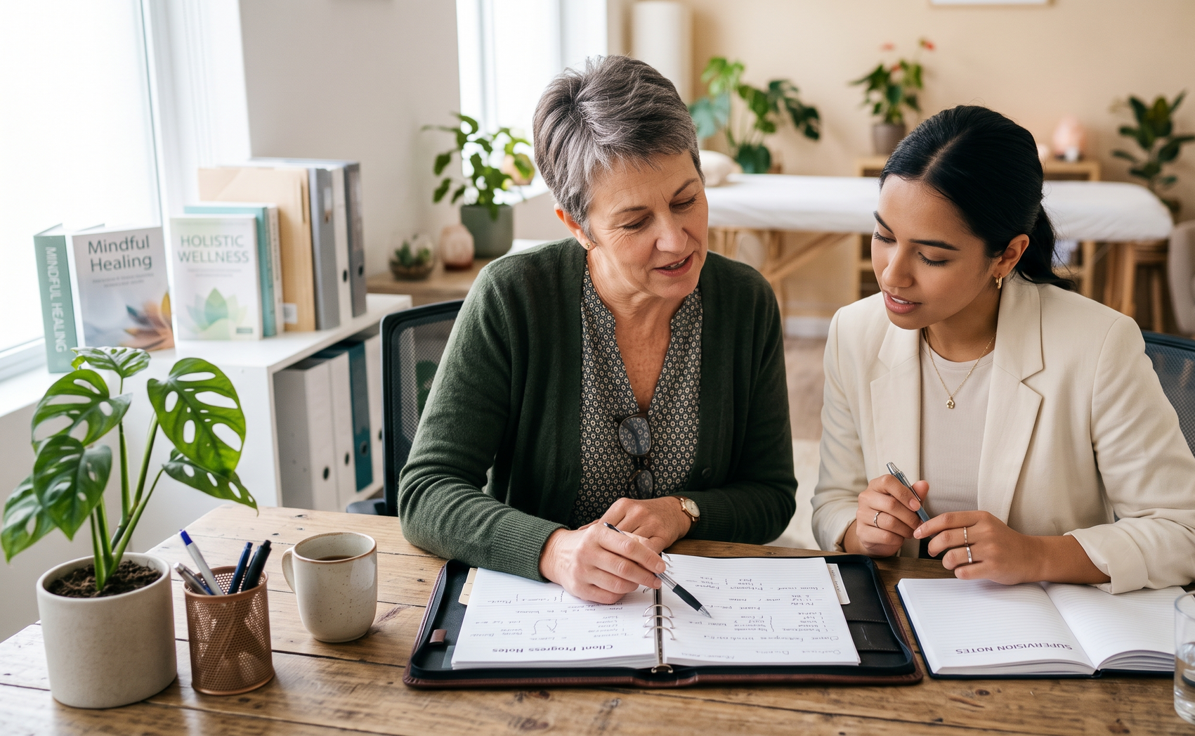 Two women review paperwork together at a desk in a bright office, with a laptop and plants nearby.
